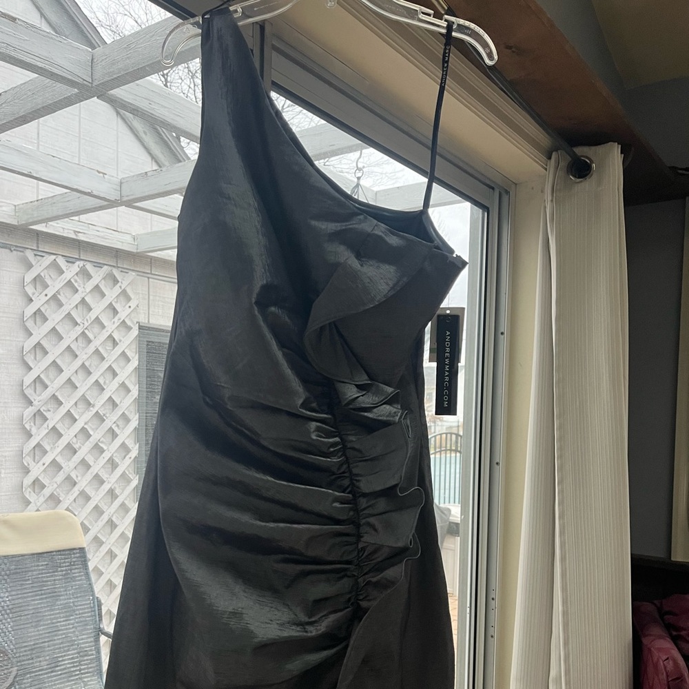 ANDREW MARC NWT Gunmetal Metallic Ruffle Ruched One Shoulder Dress Size 8